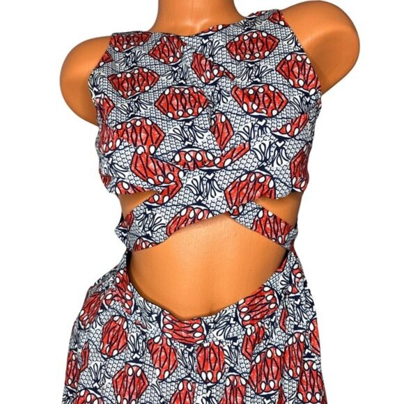 Zara Trafaluc Cut Out Mini Dress Red Navy Printed Fit Flair Cross Halter Size XS - Picture 2 of 13